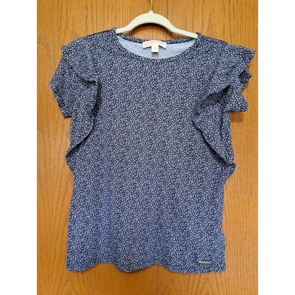Michael Kors Women's Blue Floral Blouse Top Shirt Cotton Blend Stretch Soft S